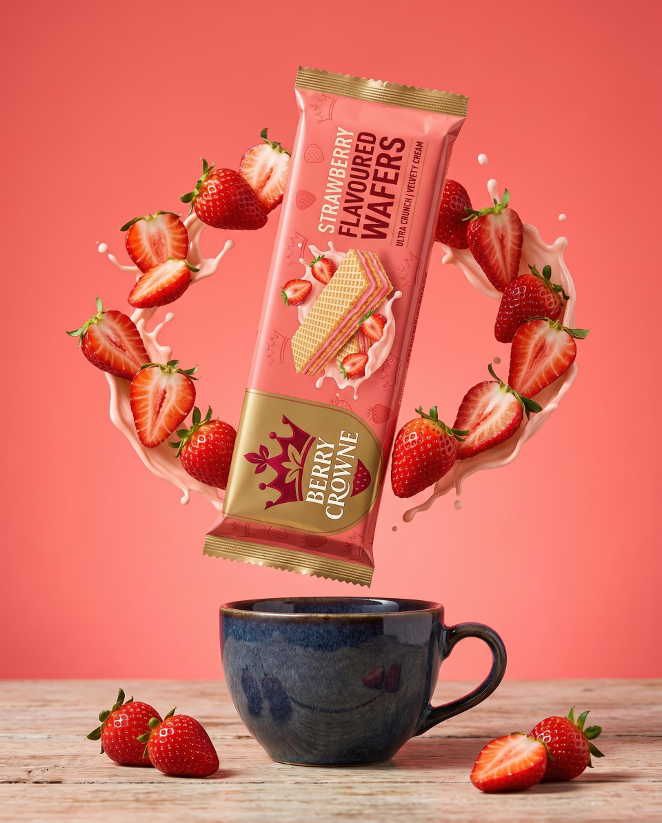 Floating strawberry wafer above coffee cup commercial shot google gemini prompt