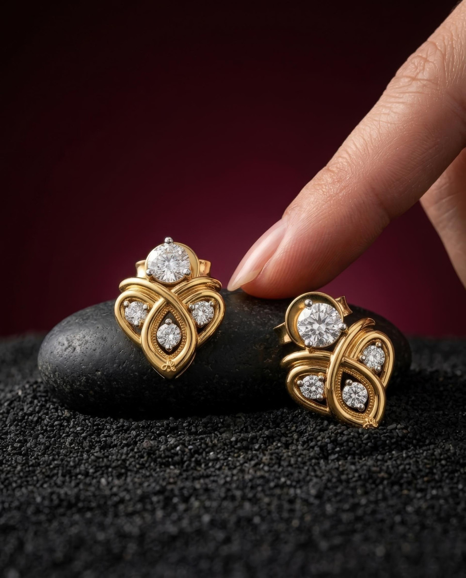 Gold knot jewelry on stone and sand burgundy zen editorial google gemini prompt