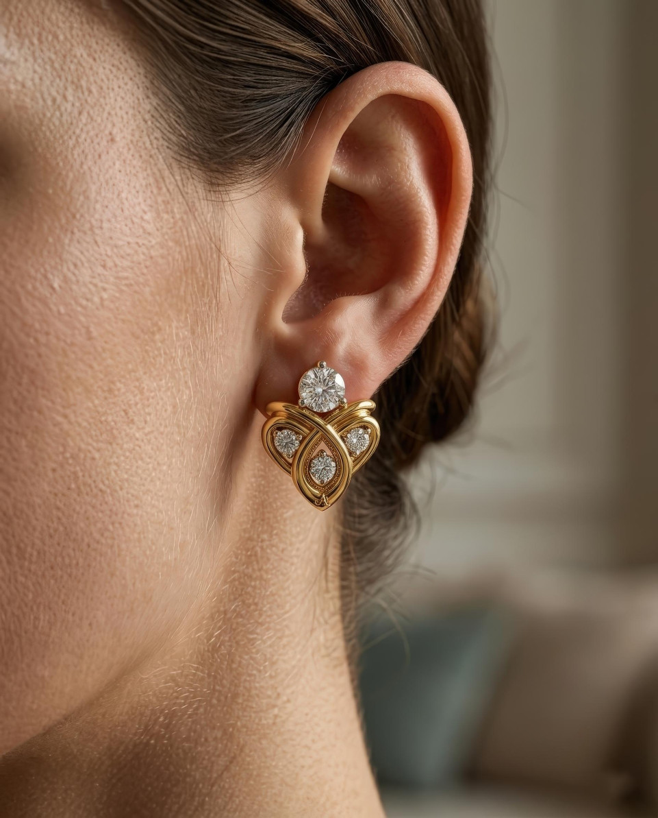 Gold knot earring on woman ear soft beige editorial portrait google gemini prompt