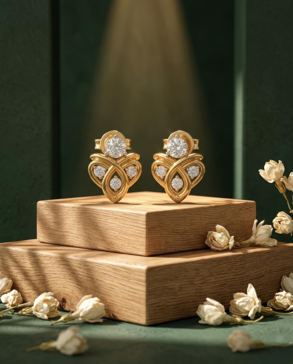 Gold knot jewelry on oak blocks with jasmine forest background google gemini prompt
