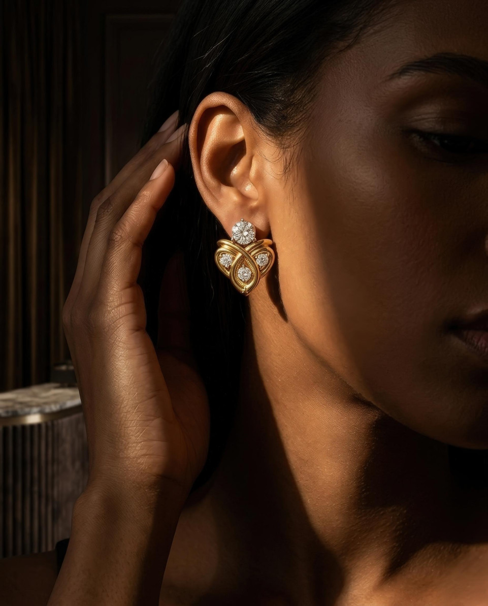 Gold knot earring dramatic chiaroscuro portrait bronze skin google gemini prompt