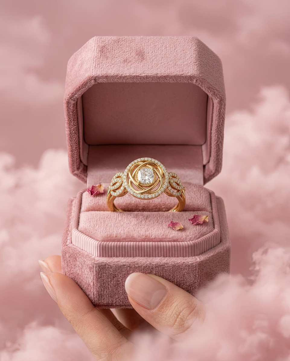 Gold diamond ring in velvet box floating in pink clouds google gemini prompt