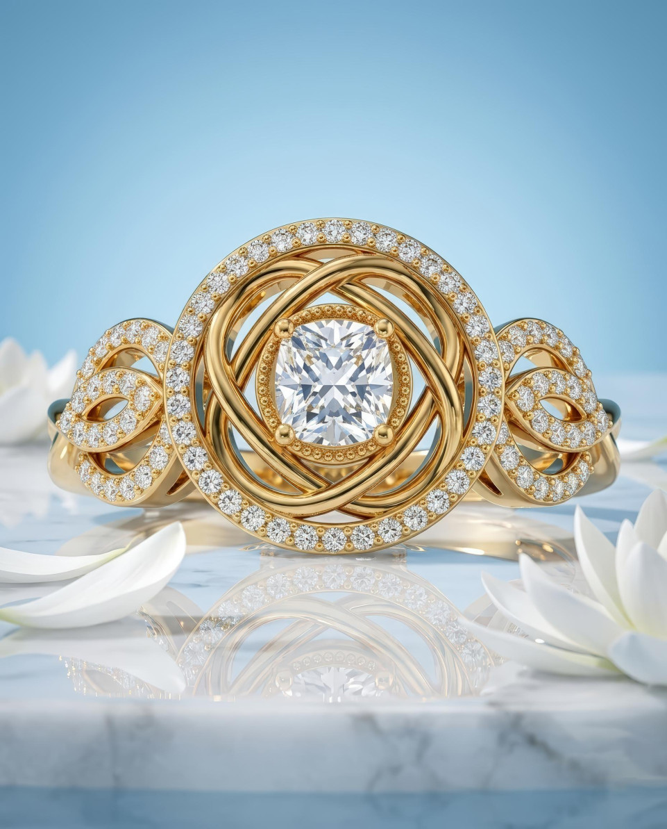 Gold diamond ring in water on marble luxury studio shot google gemini prompt