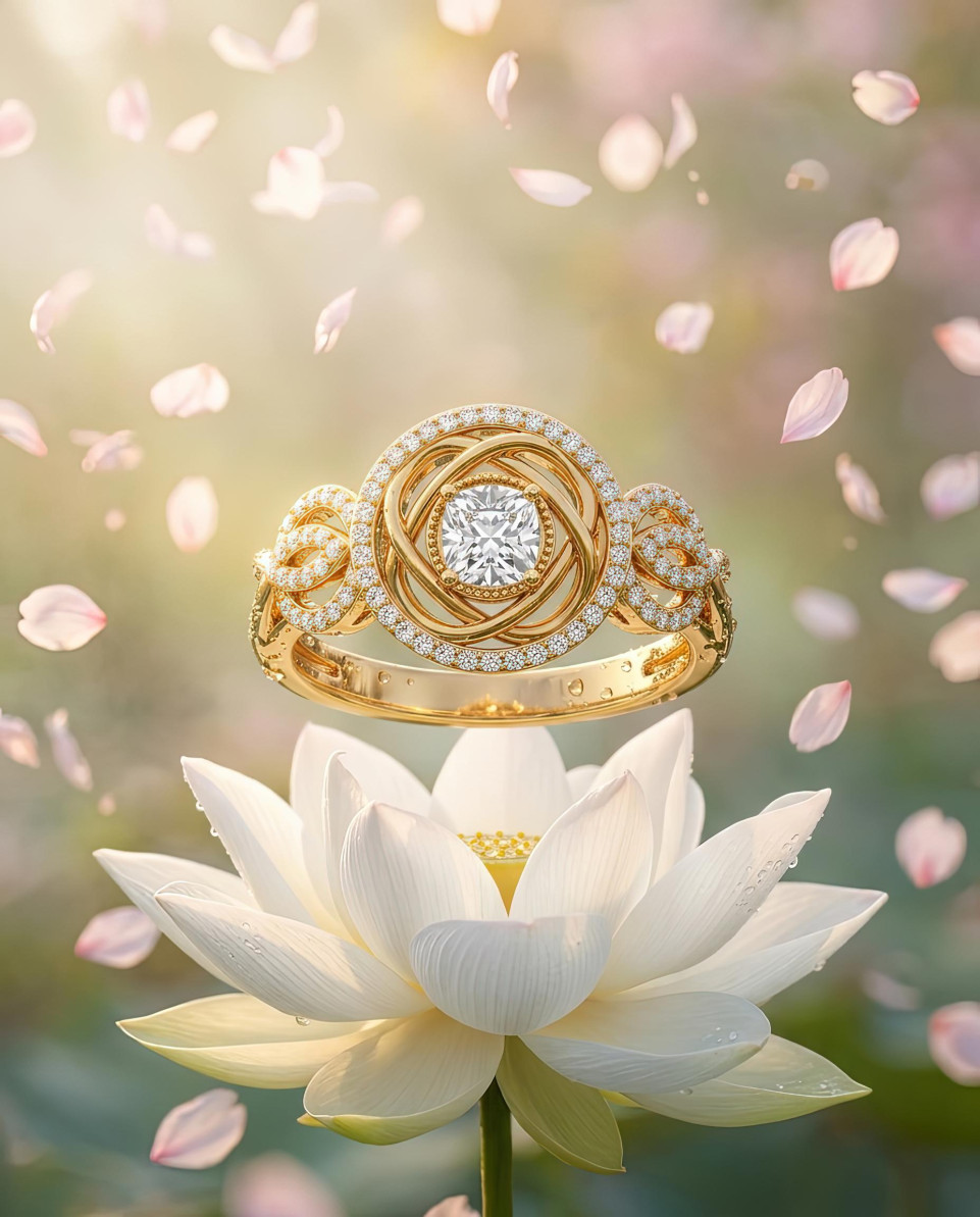 Floating gold diamond ring above lotus in misty garden google gemini prompt