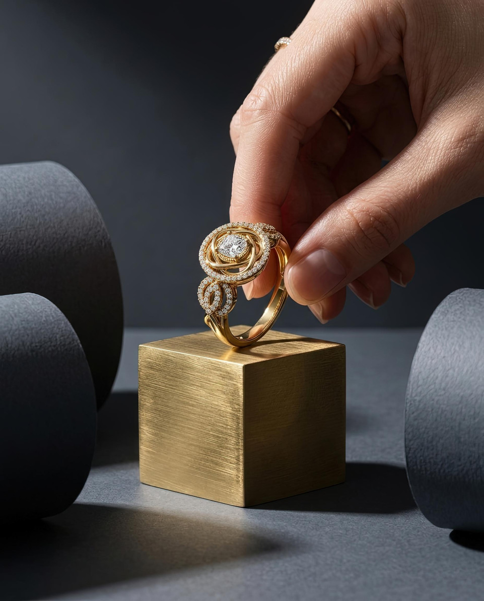 Gold diamond ring on brushed cube minimalist studio setup google gemini prompt