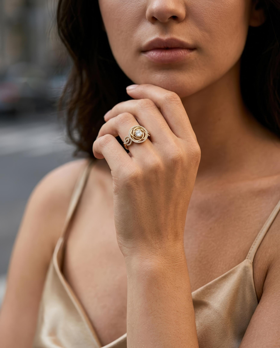 Woman wearing gold diamond ring urban fashion close up google gemini prompt