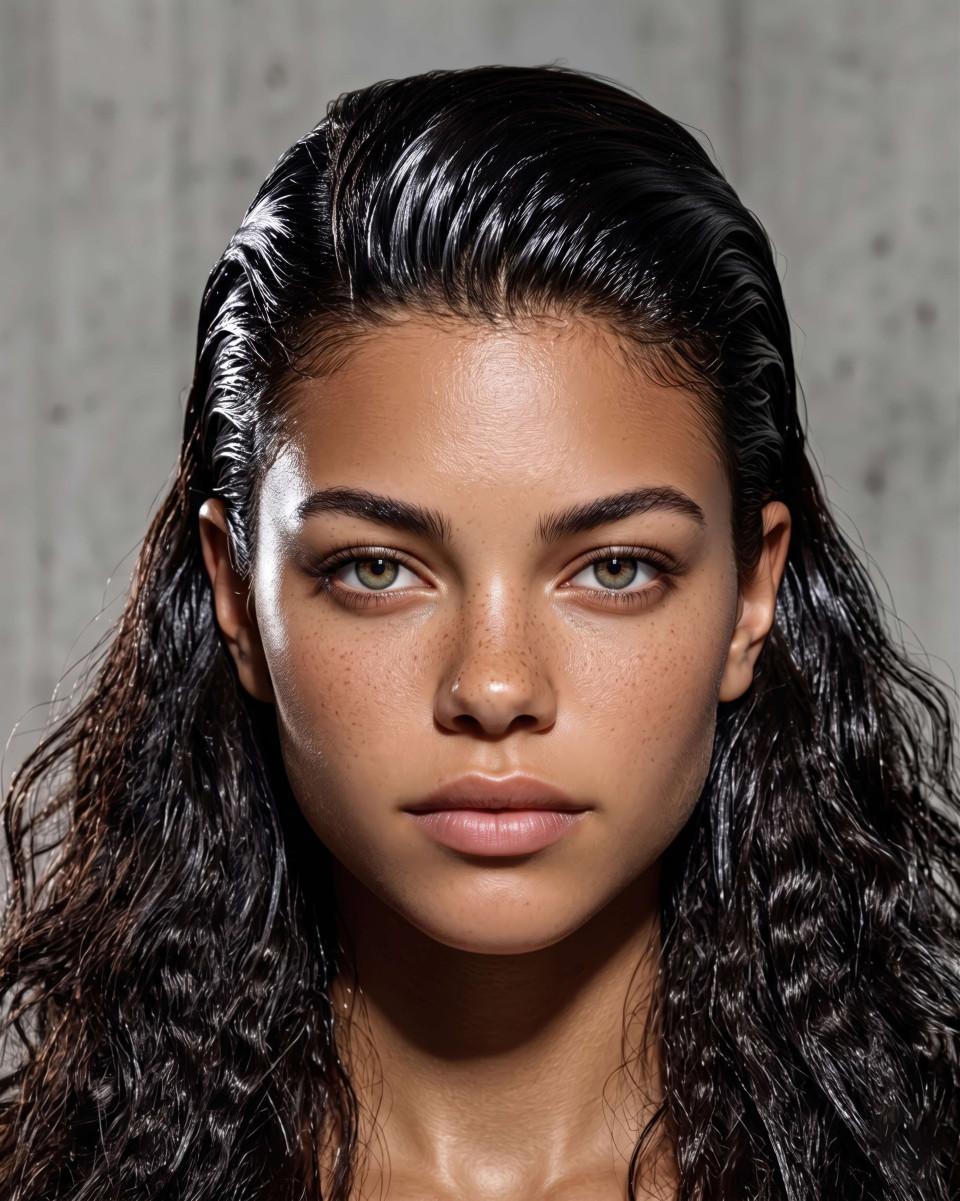 Sleek wet look roots with crimped ends editorial portrait google gemini prompt