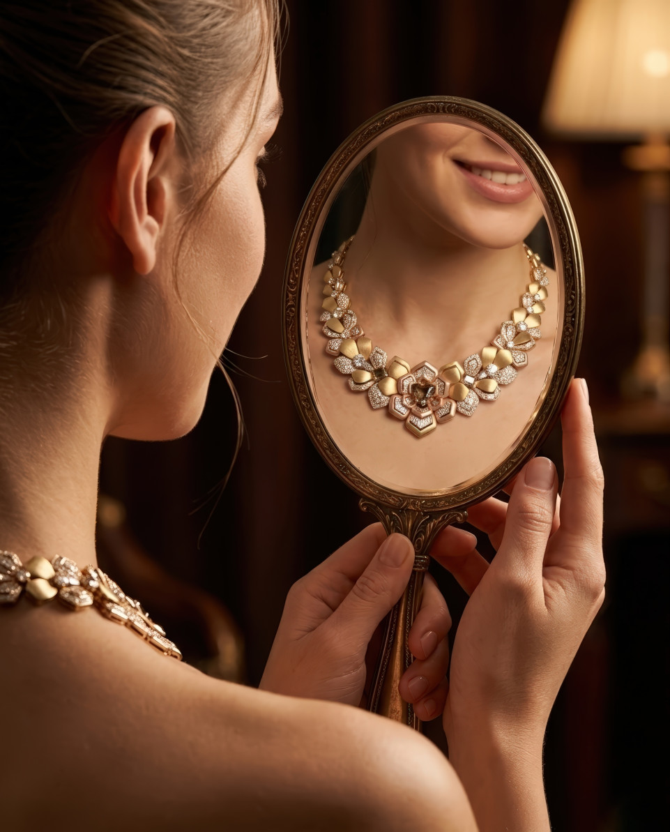 Woman reflecting in mirror wearing luxury gold necklace google gemini prompt