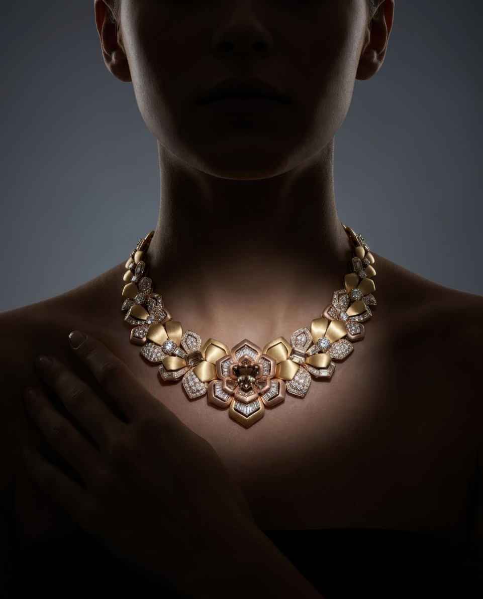 Luxury floral gold diamond necklace silhouette portrait google gemini prompt