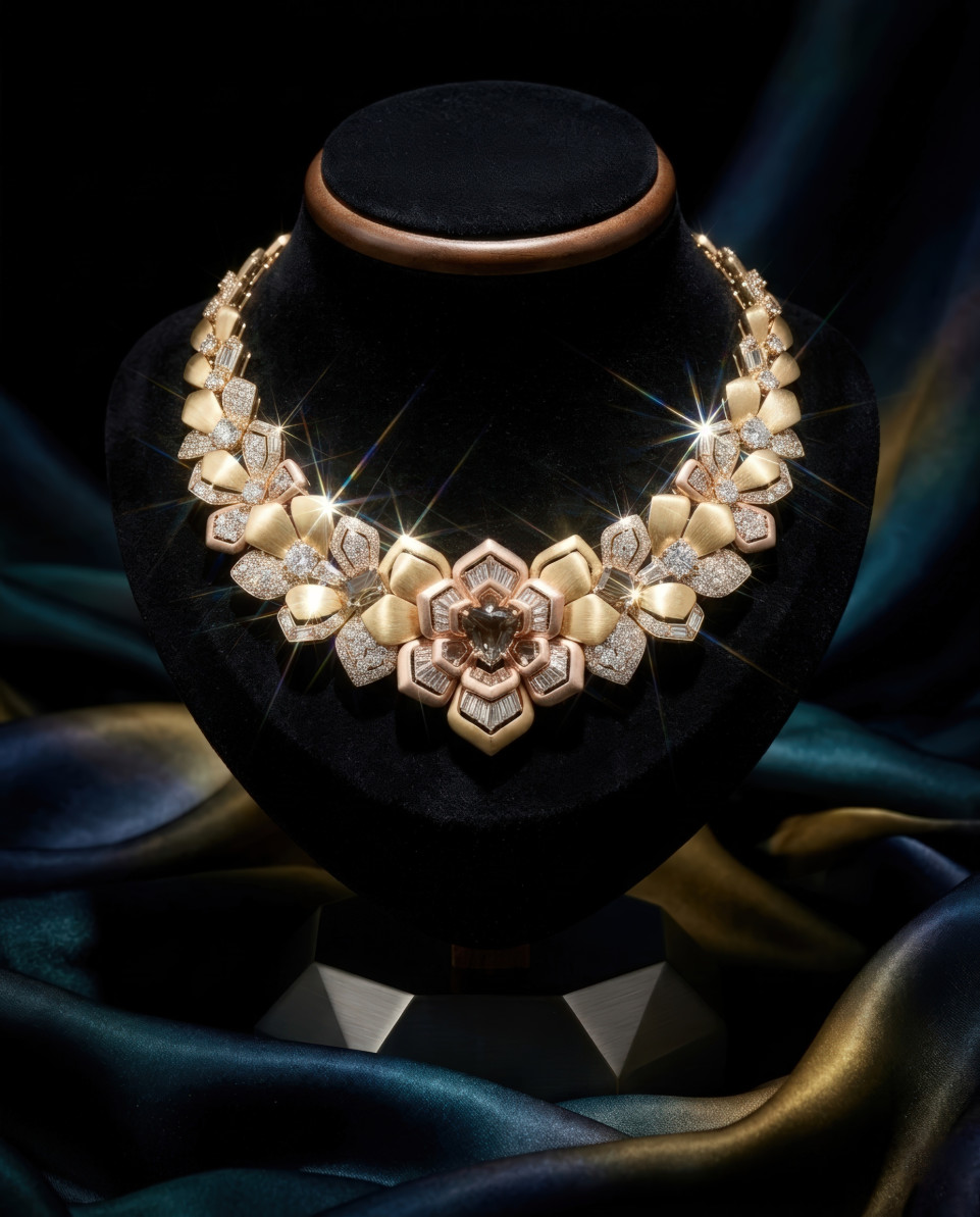 Luxury diamond floral necklace on velvet bust display google gemini prompt