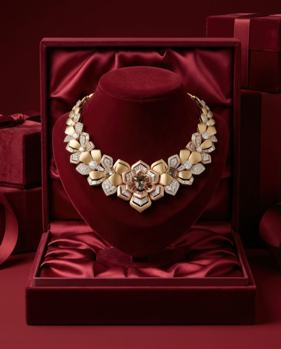 Luxury gold diamond necklace in velvet gift box google gemini prompt