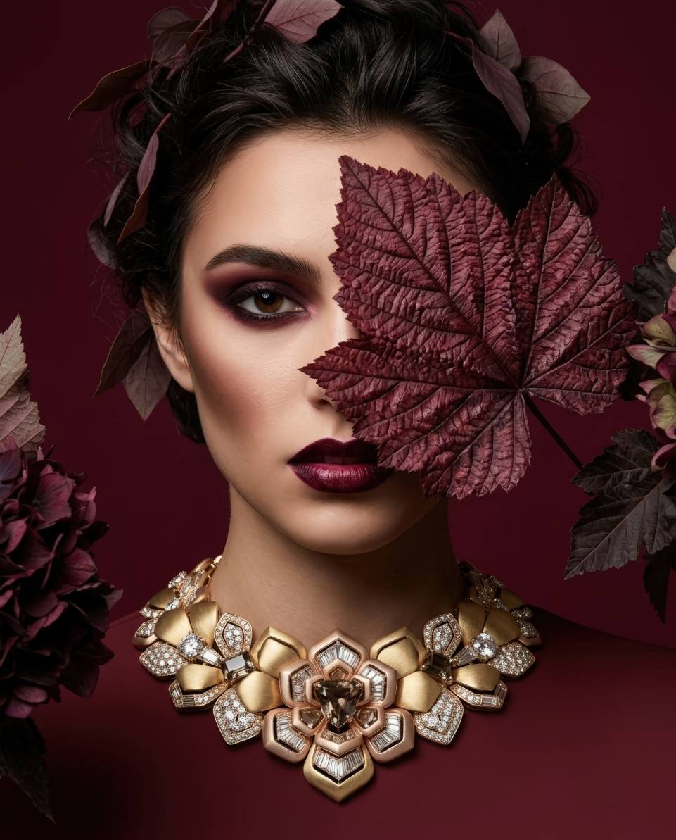 High fashion portrait with luxury floral gold necklace google gemini prompt