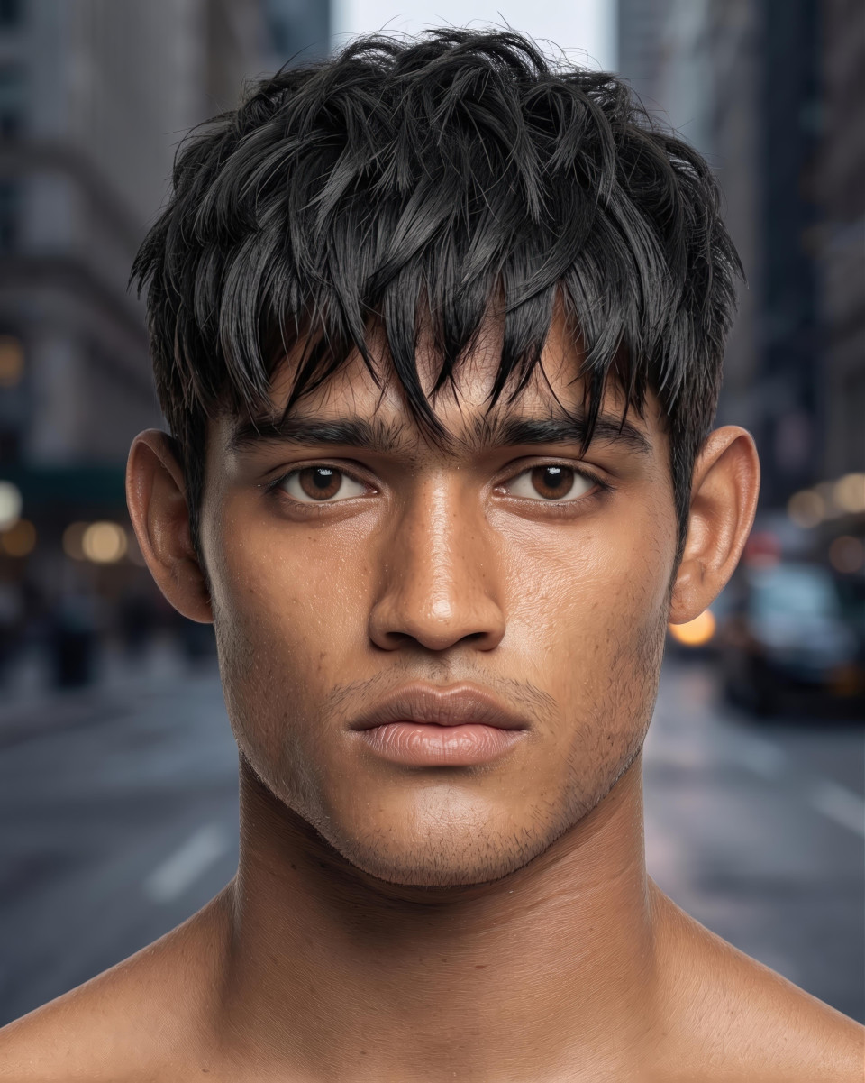 Heavy textured fringe hair product portrait google gemini prompt