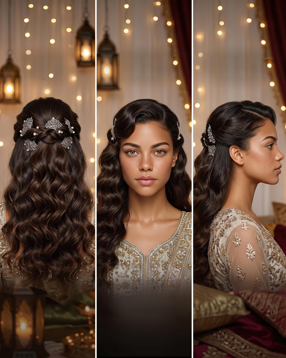 Eid elegance half up waves festival hairstyle google gemini prompt