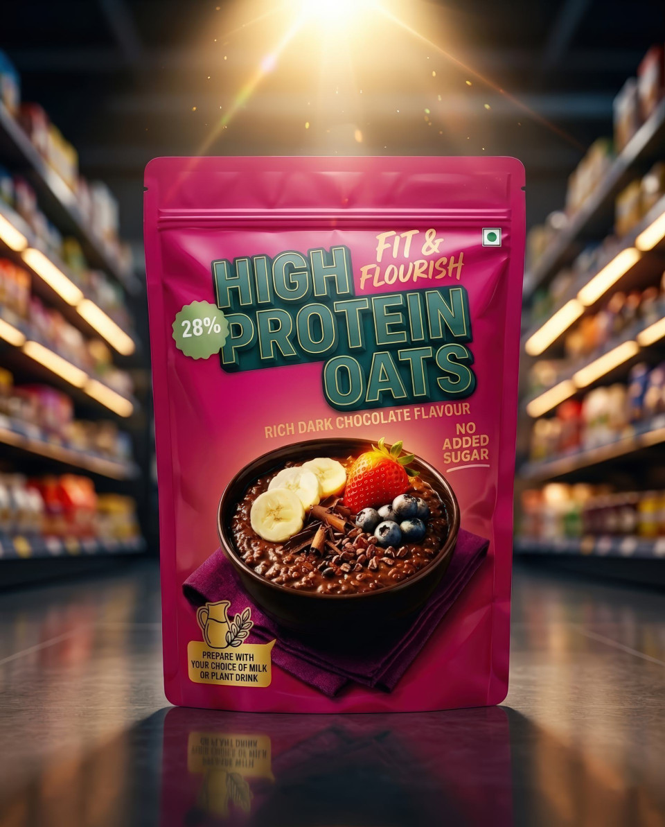 High protein oats supermarket hero product display google gemini prompt