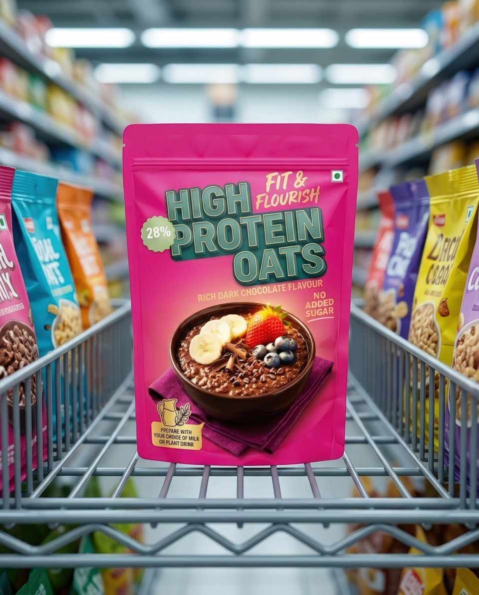 High protein oats grocery shelf retail photography google gemini prompt