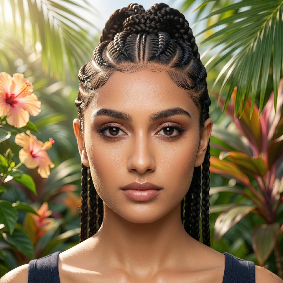 Cornrow ponytail hairstyle tropical portrait google gemini prompt
