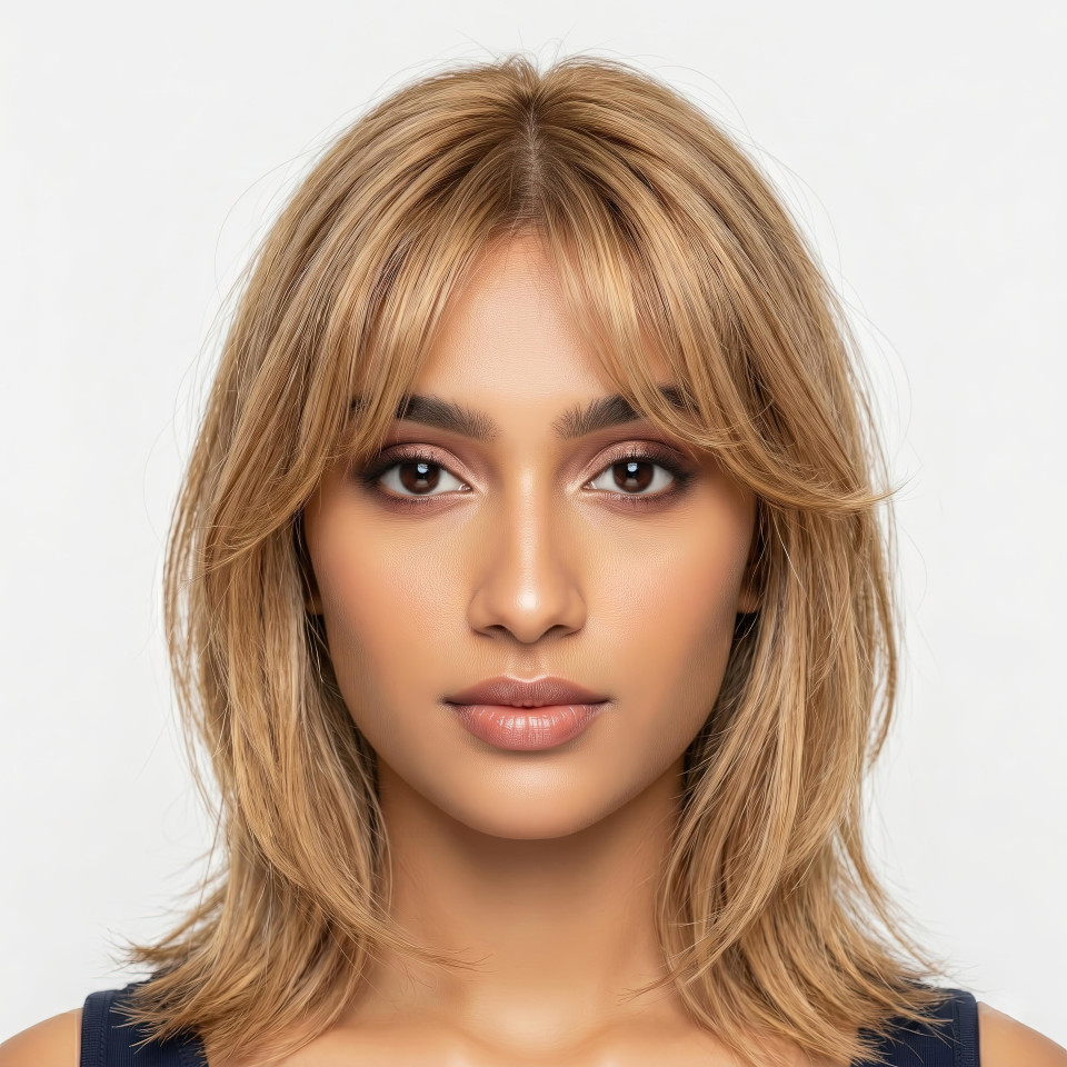 Honey blonde curtain bangs editorial portrait google gemini prompt