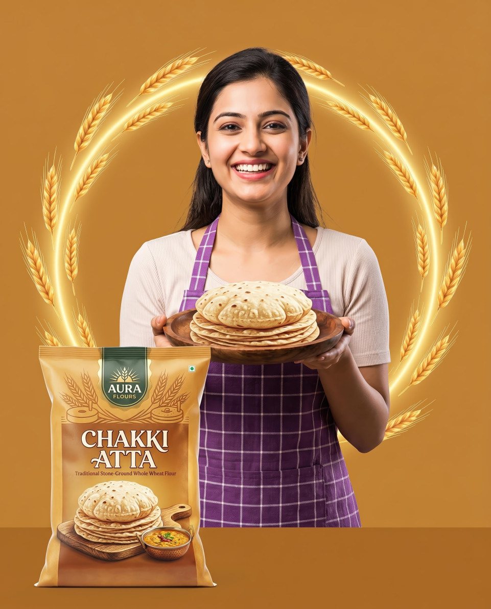 Young woman holding rotis with chakki atta google gemini prompt