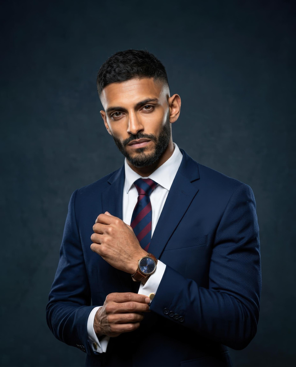 Corporate executive adjusting suit cuff studio portrait google gemini prompt