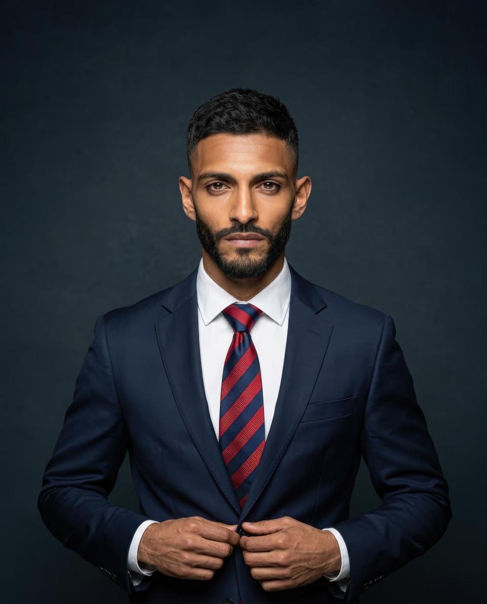 Corporate executive fastening suit button portrait google gemini prompt
