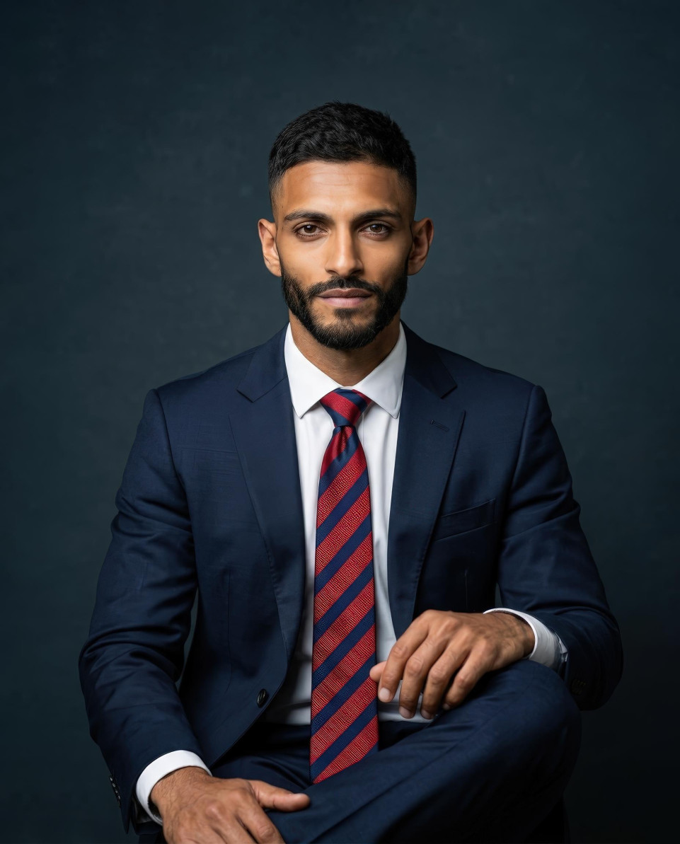 Seated corporate executive portrait in navy suit google gemini prompt