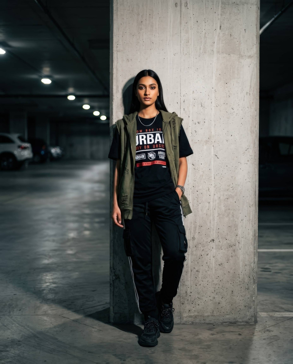Industrial parking garage urban fashion portrait google gemini prompt