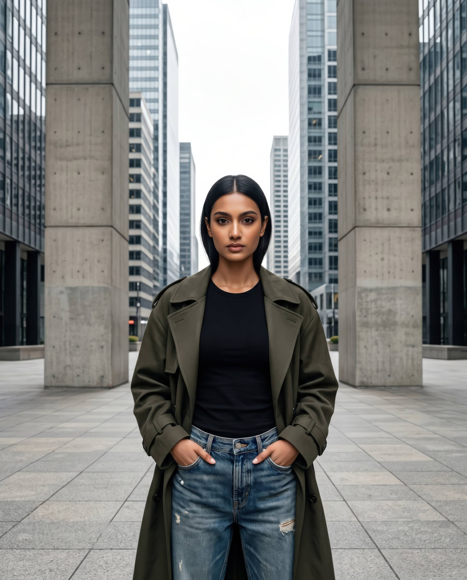 Symmetrical brutalist fashion portrait in urban plaza google gemini prompt