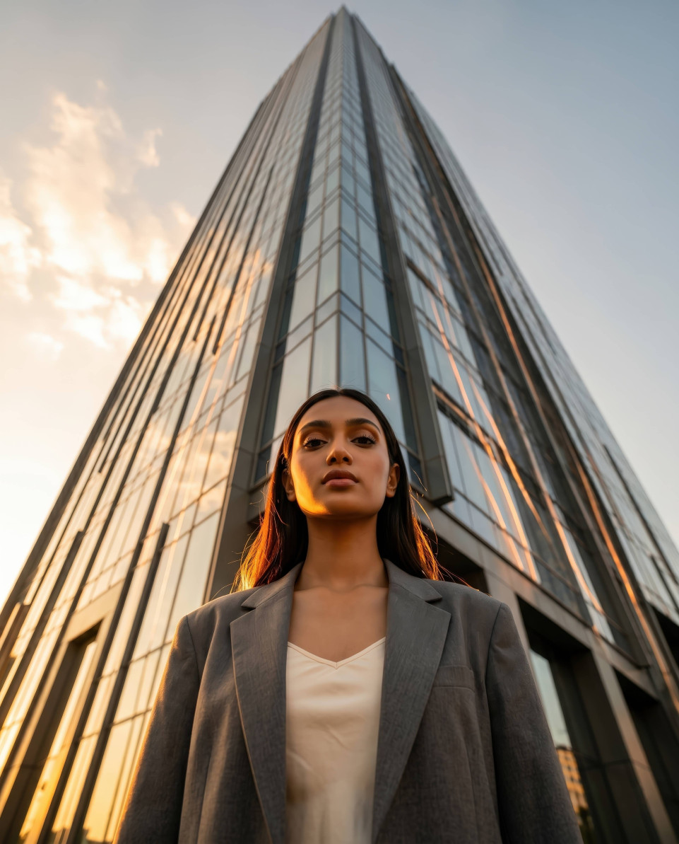 Low angle fashion portrait by glass skyscraper google gemini prompt