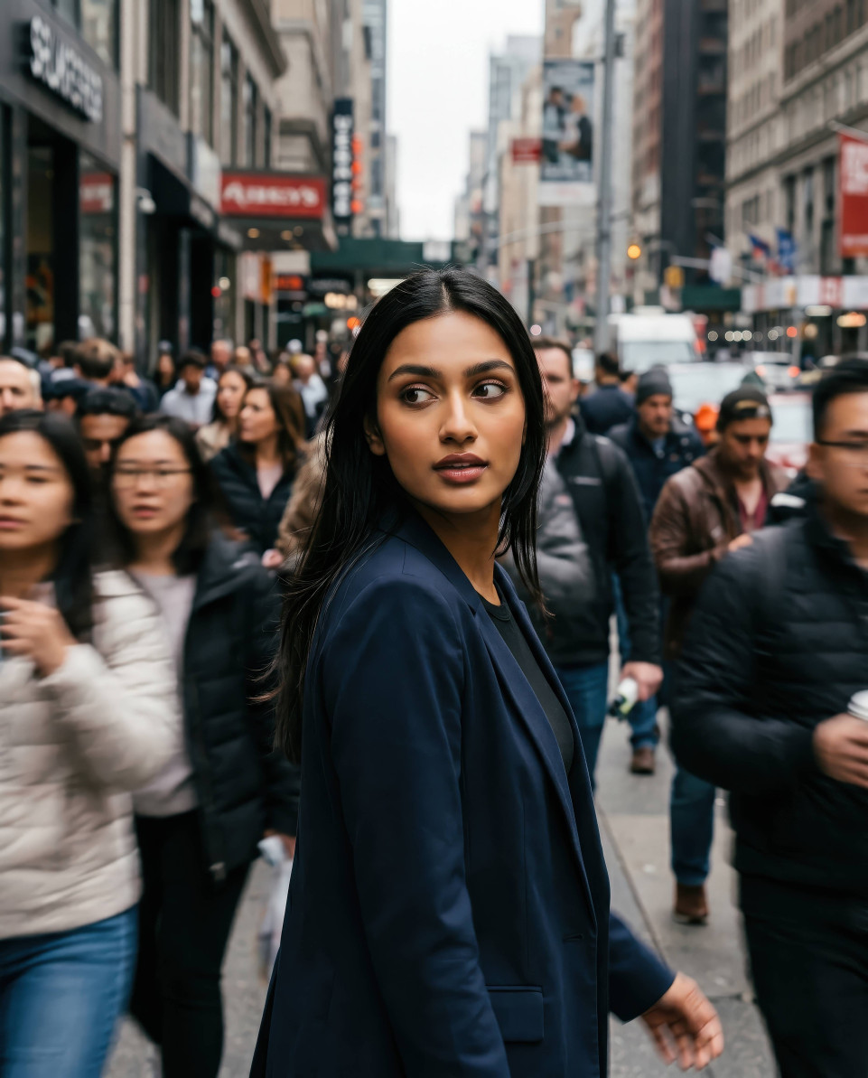 Candid urban lifestyle portrait on busy city street google gemini prompt