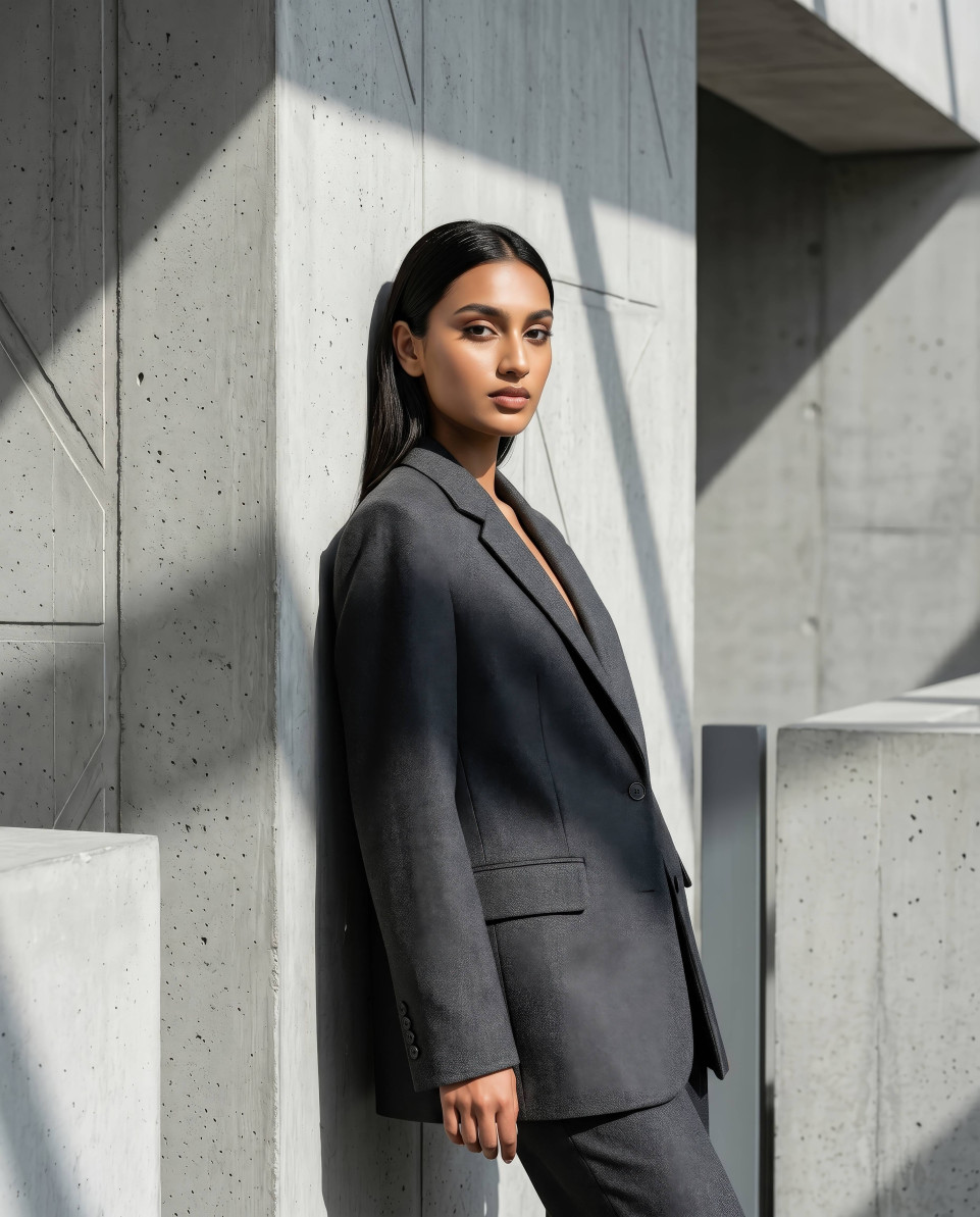 Minimalist fashion portrait by brutalist concrete pillar google gemini prompt