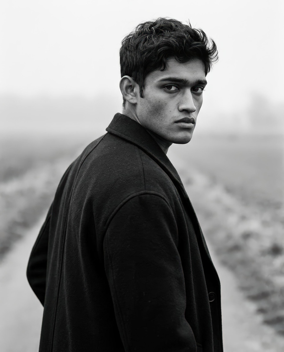 Cinematic black and white outerwear fashion portrait google gemini prompt