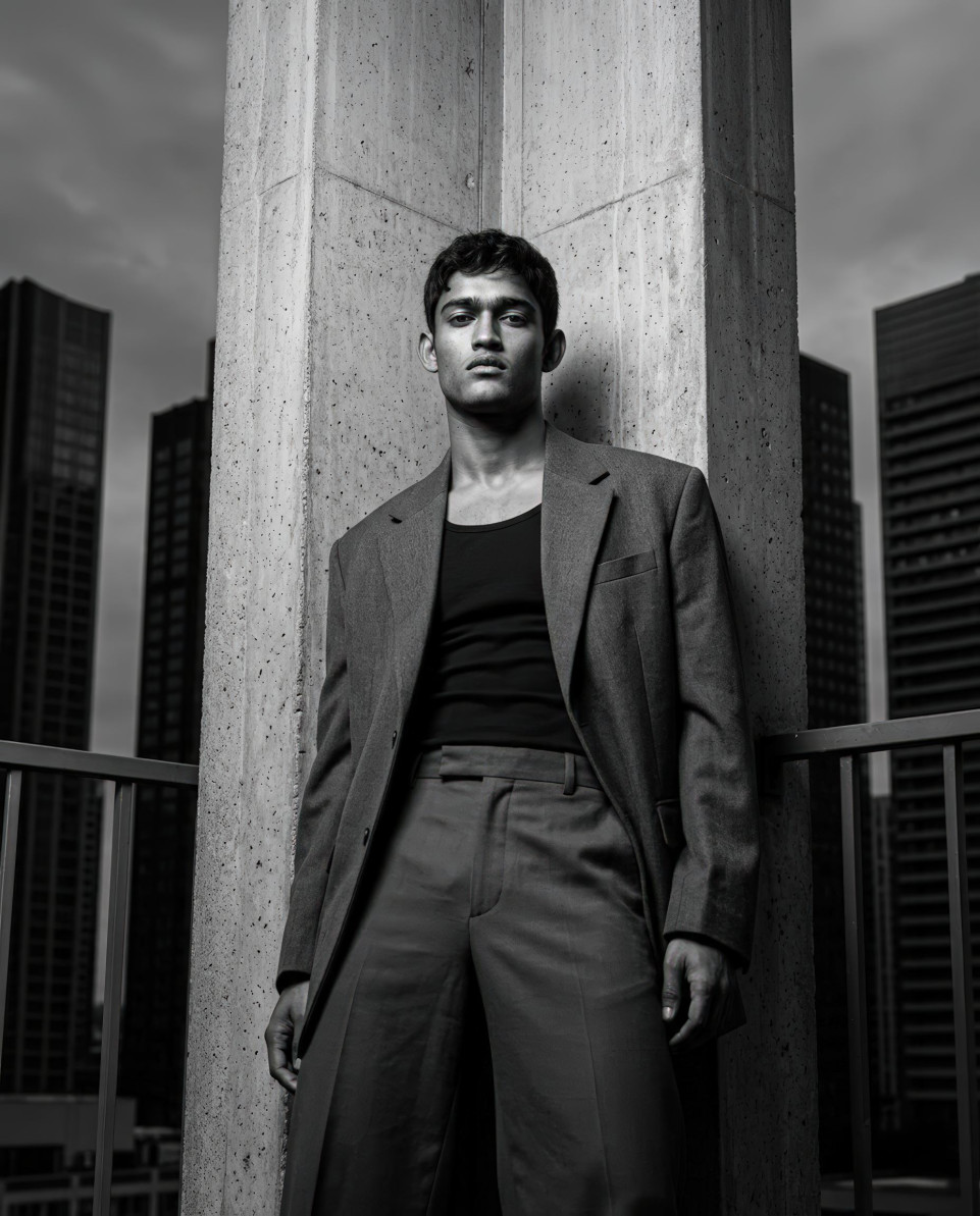 Cinematic black and white brutalist fashion portrait google gemini prompt