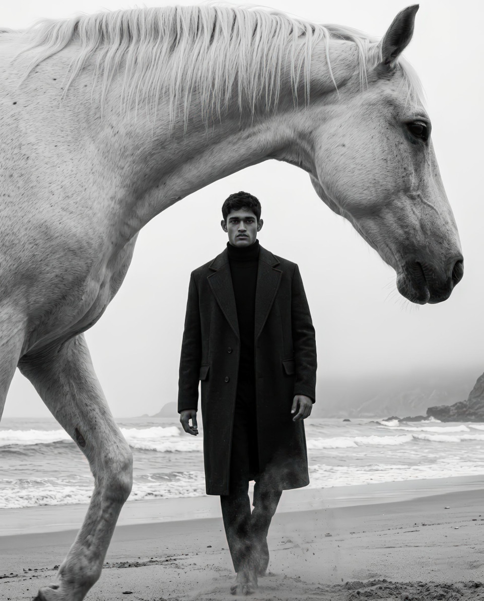 Cinematic black and white man with white horse on beach google gemini prompt