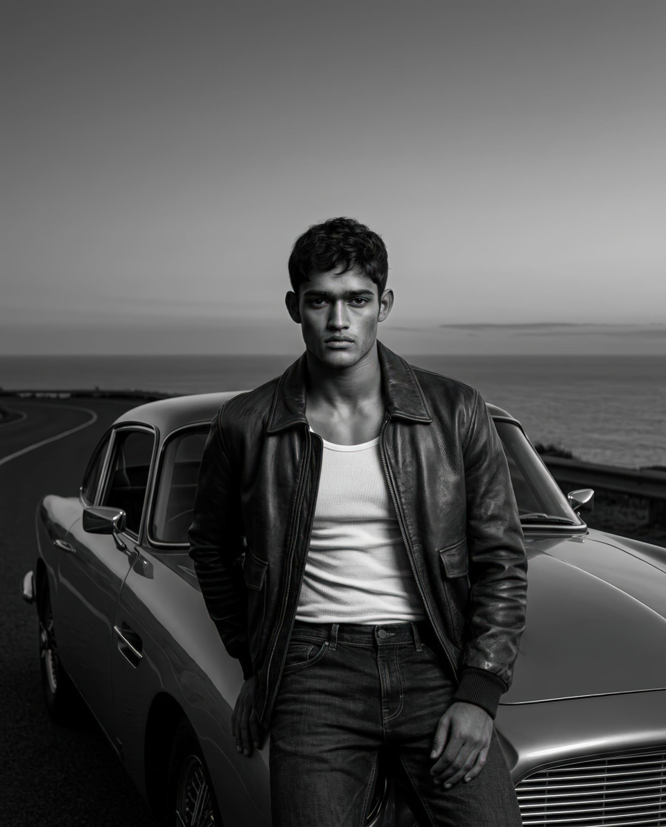 Cinematic black and white man with vintage car google gemini prompt