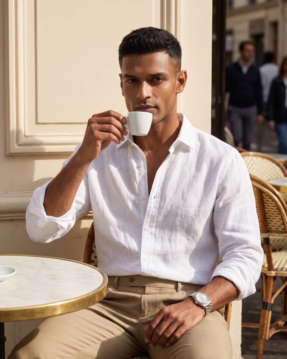 Parisian cafe luxury lifestyle portrait of male model google gemini prompt