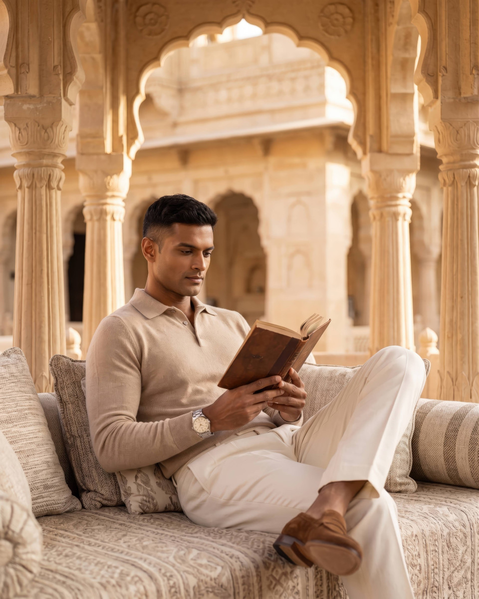 Sophisticated menswear editorial in sandstone pavilion google gemini prompt