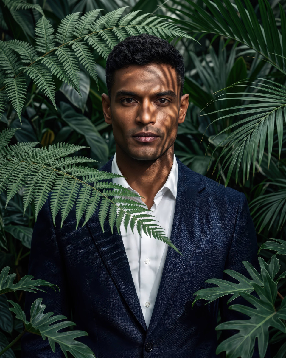 Luxury jungle fashion portrait of male model google gemini prompt