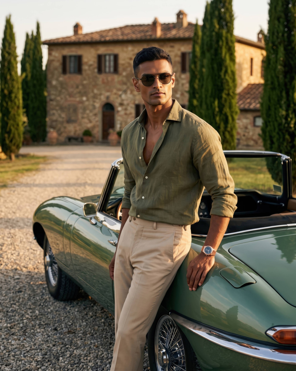 Cinematic luxury menswear portrait by vintage convertible google gemini prompt