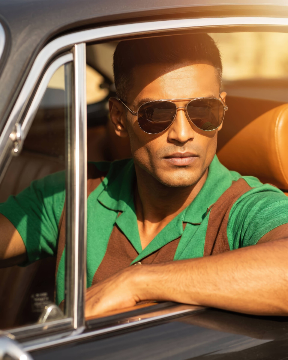 Cinematic eyewear fashion portrait through car window google gemini prompt