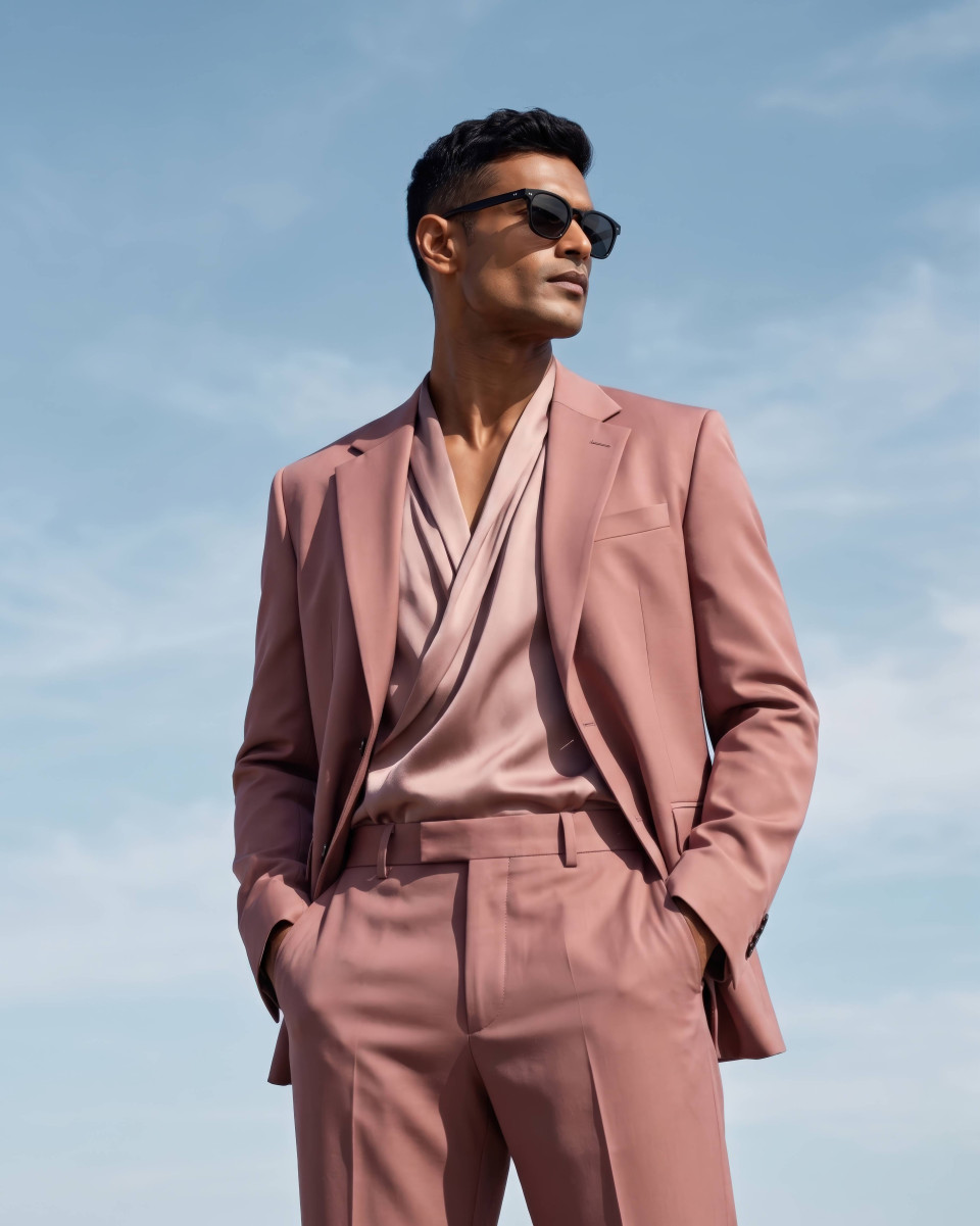 Dusty rose luxury fashion portrait under blue sky google gemini prompt