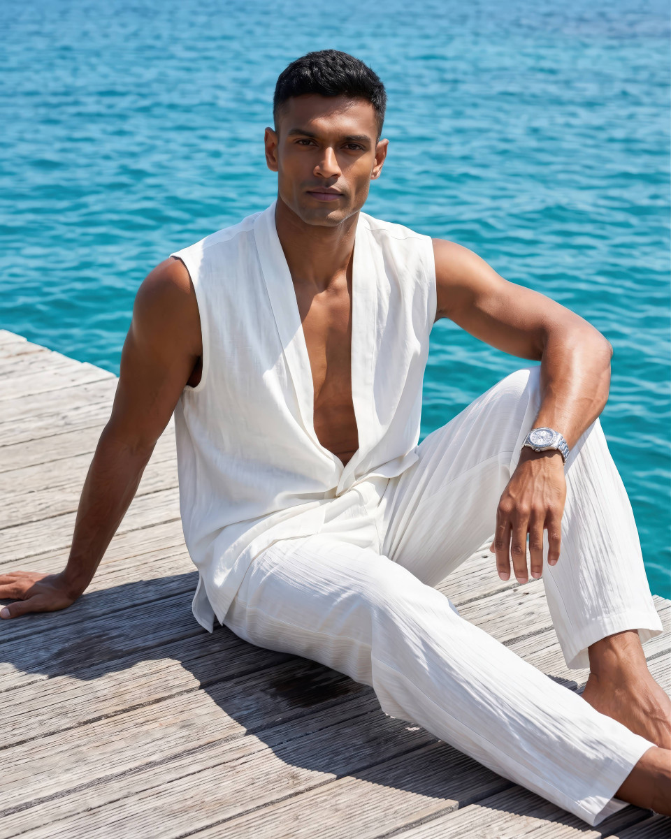 Luxury resort menswear editorial on wooden pier google gemini prompt