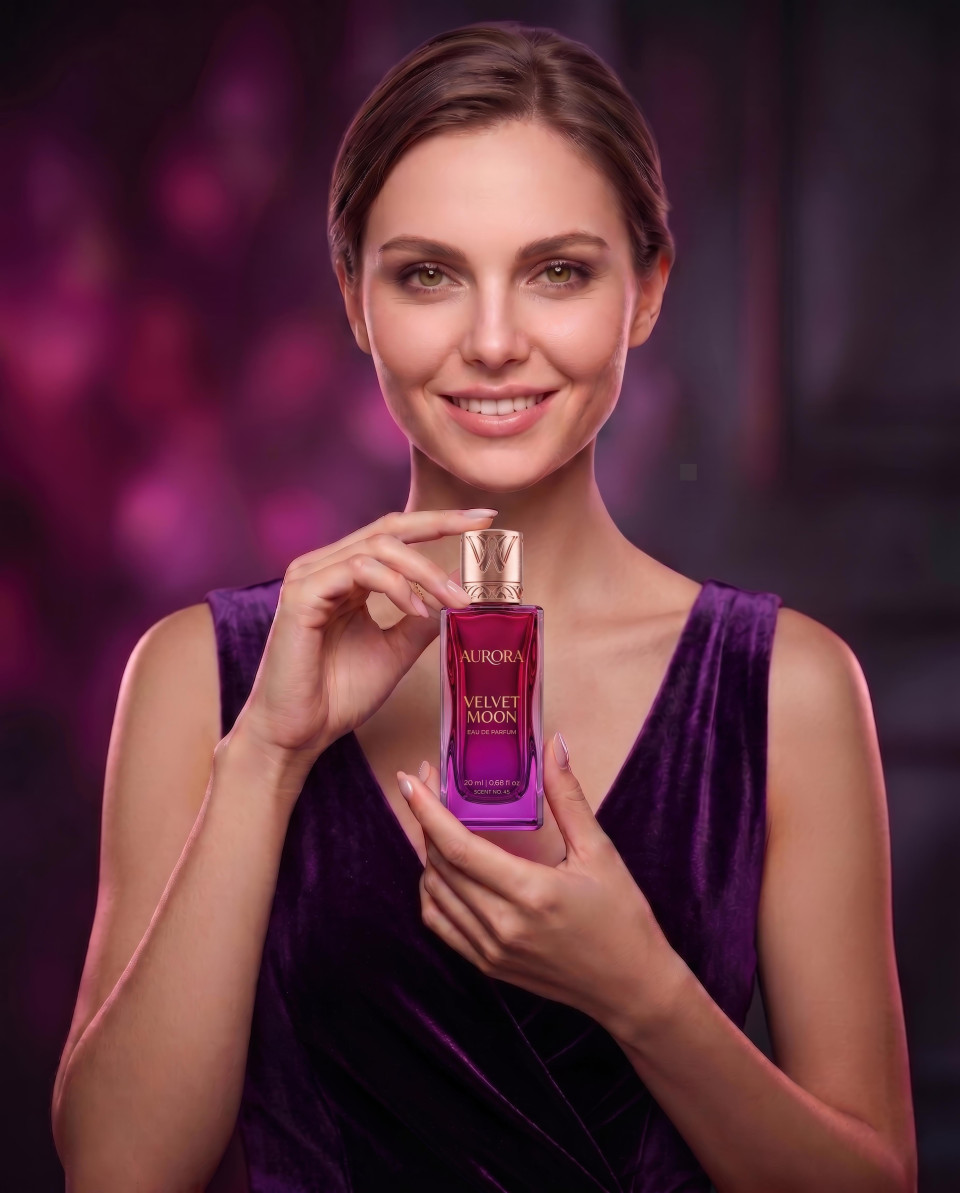 Luxury perfume bottle with woman in studio google gemini prompt