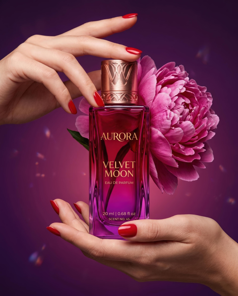 Perfume bottle with peony flower fashion campaign google gemini prompt