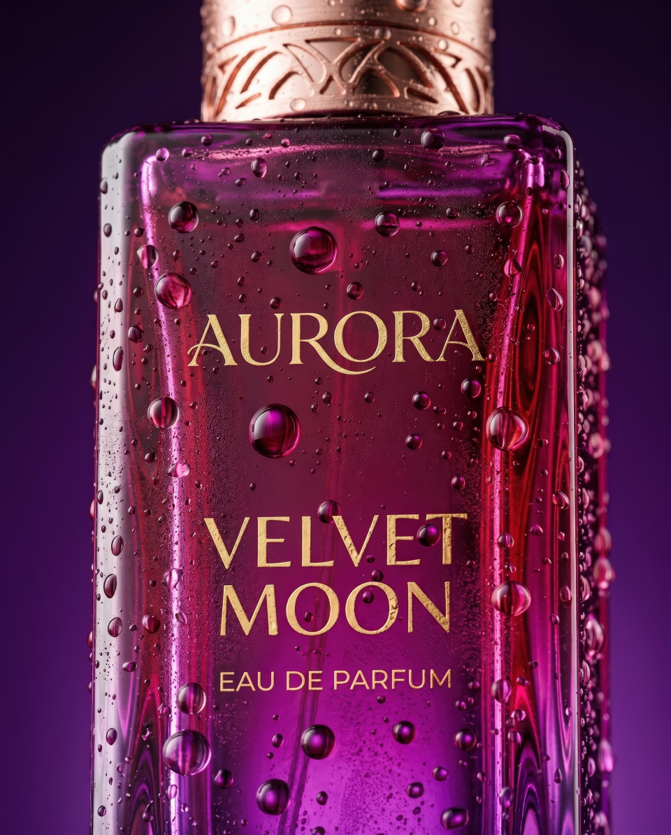 Macro perfume bottle with water droplets google gemini prompt