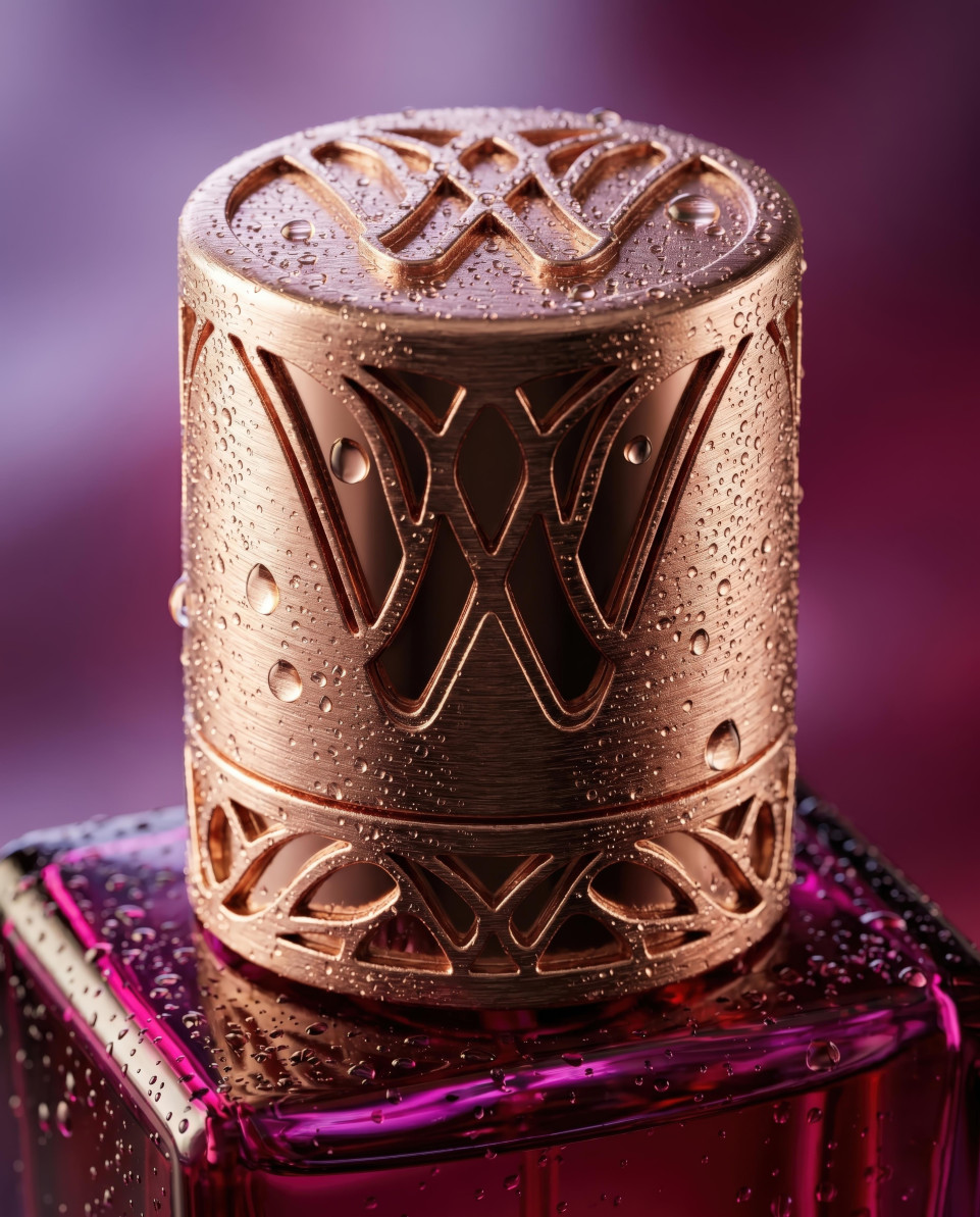 Macro ornate perfume cap with condensation google gemini prompt
