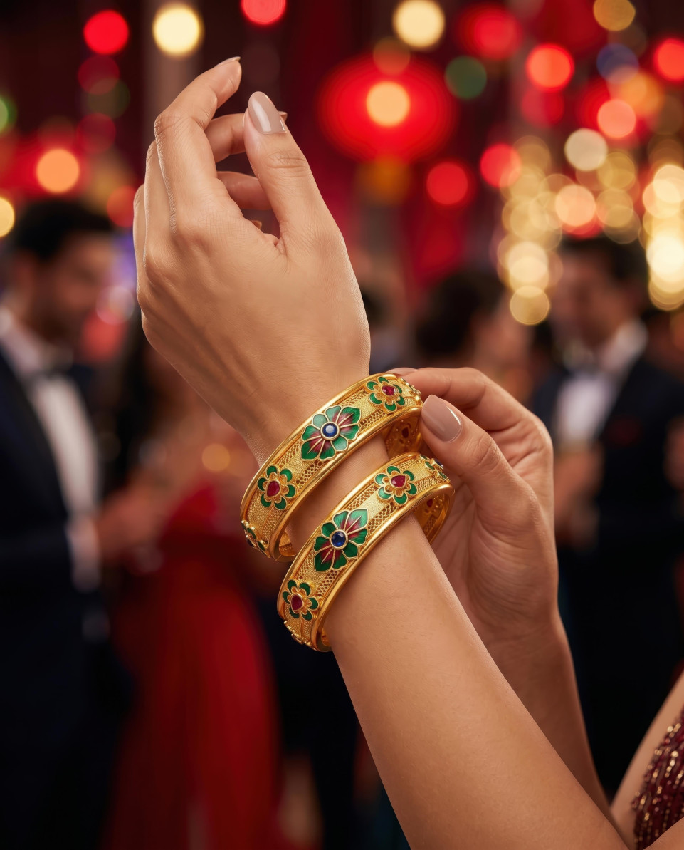 Woman adjusting gold bangles at luxury gala google gemini prompt