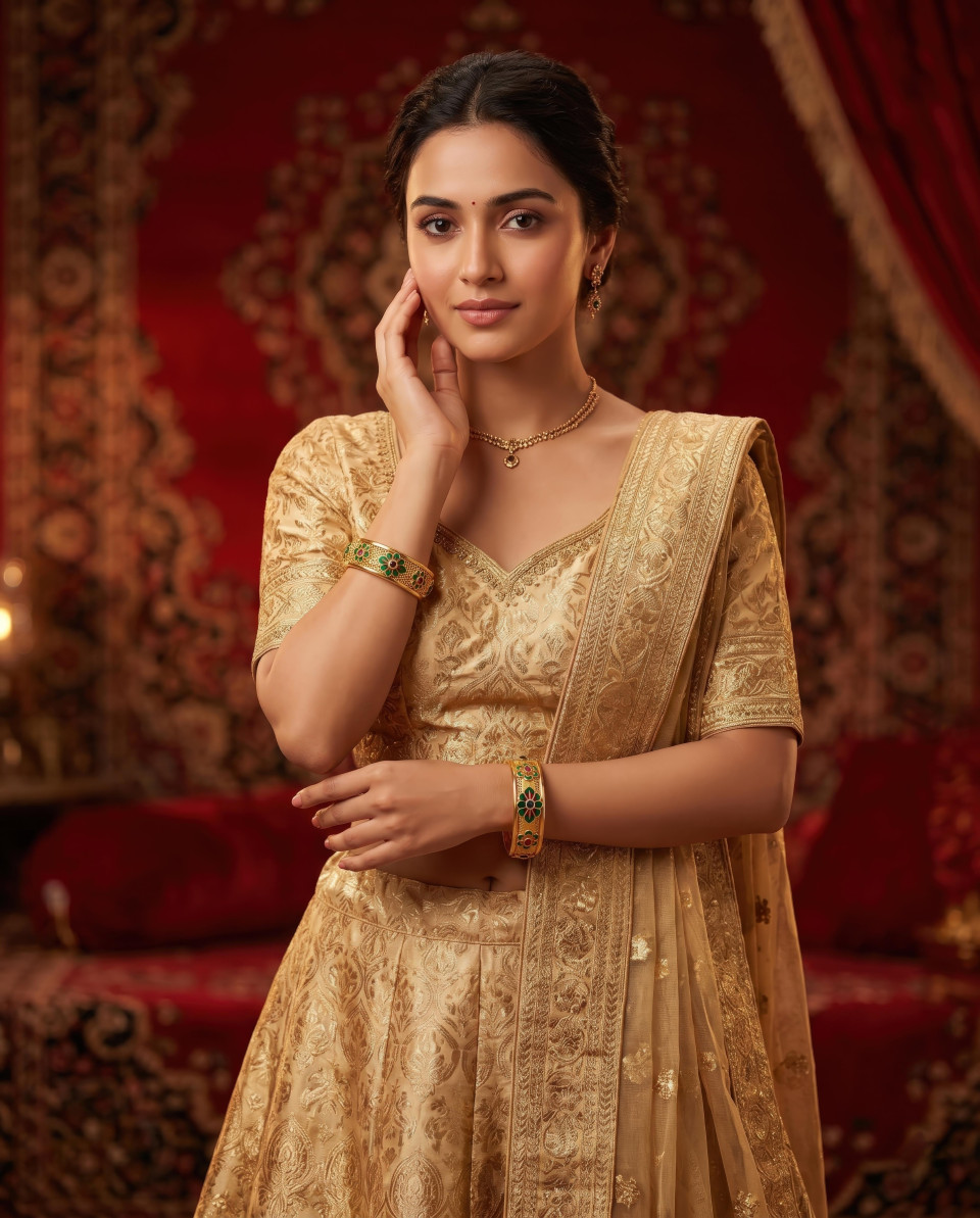 Gold bangles with red crystal concept shot google gemini prompt