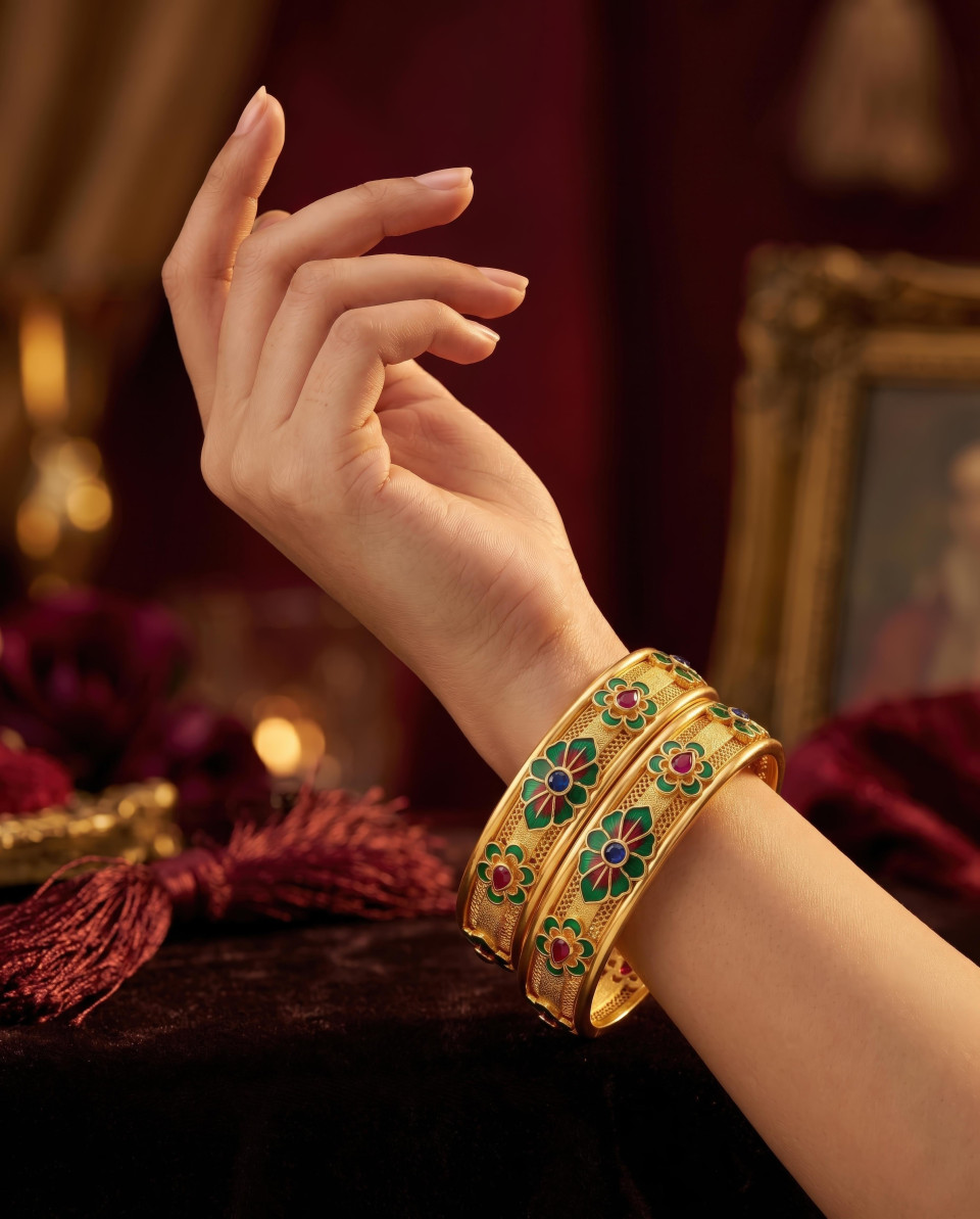 Woman wearing luxury gold bangles close up google gemini prompt