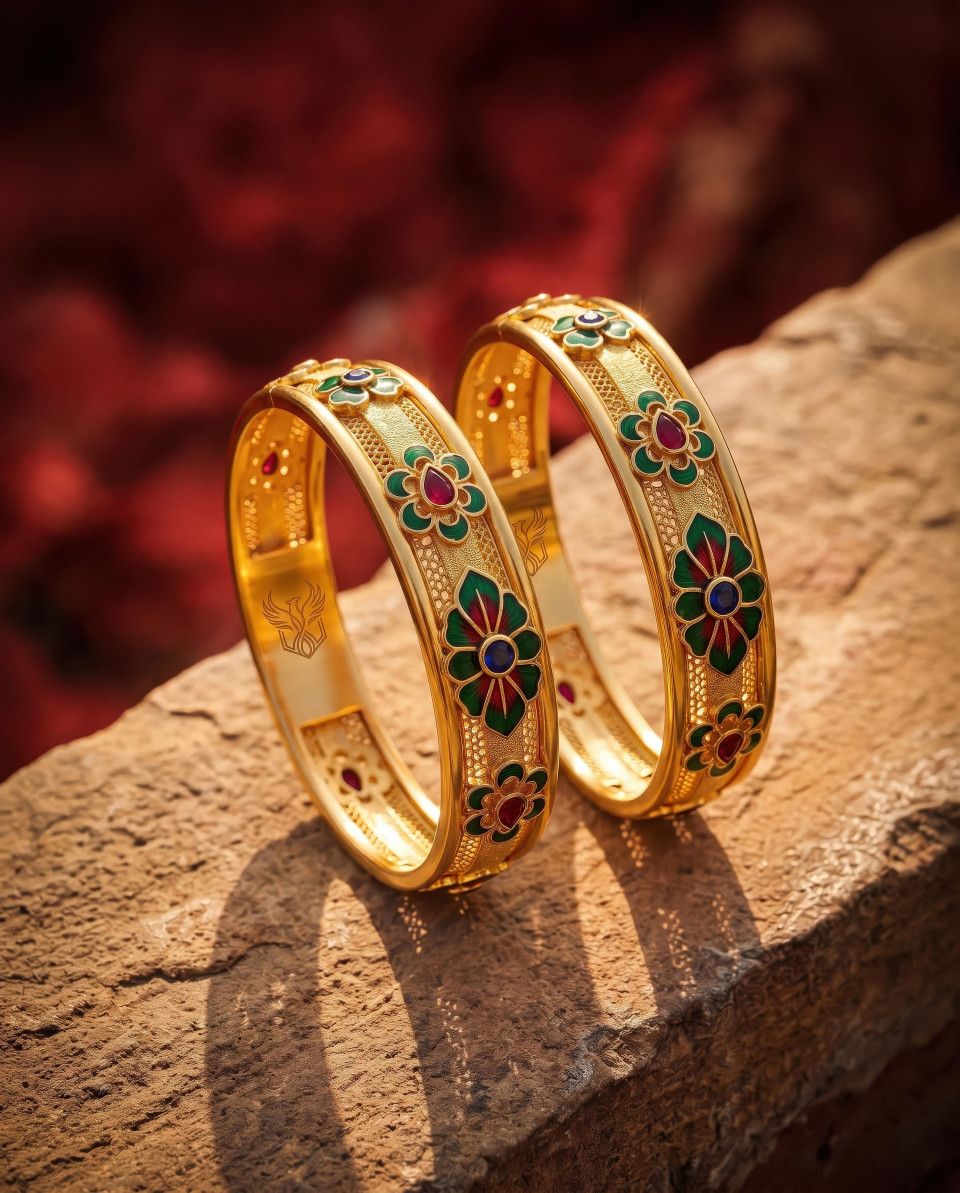 Luxury gold bangles on stone ledge at golden hour google gemini prompt